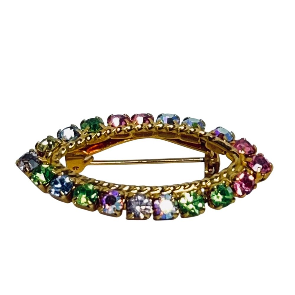 Vintage Gold Tone Multi Colored Rhinestone Oval Brooch (5760) - Picture 4 of 5